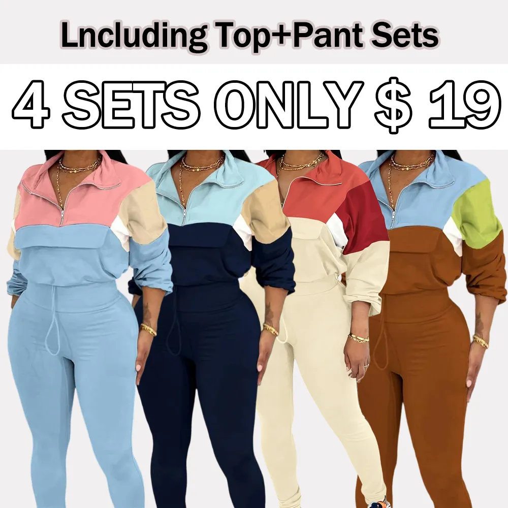 Women's Knit Zip Top Jacket & Elastic Waistband Pant Tracksuit Sets 2-Piece