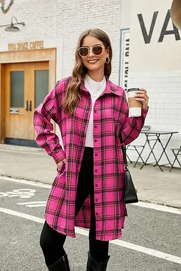 Women's Button Down Flannel Shirts Plaid Shacket Long Sleeve Collared Long Jacket Coats
