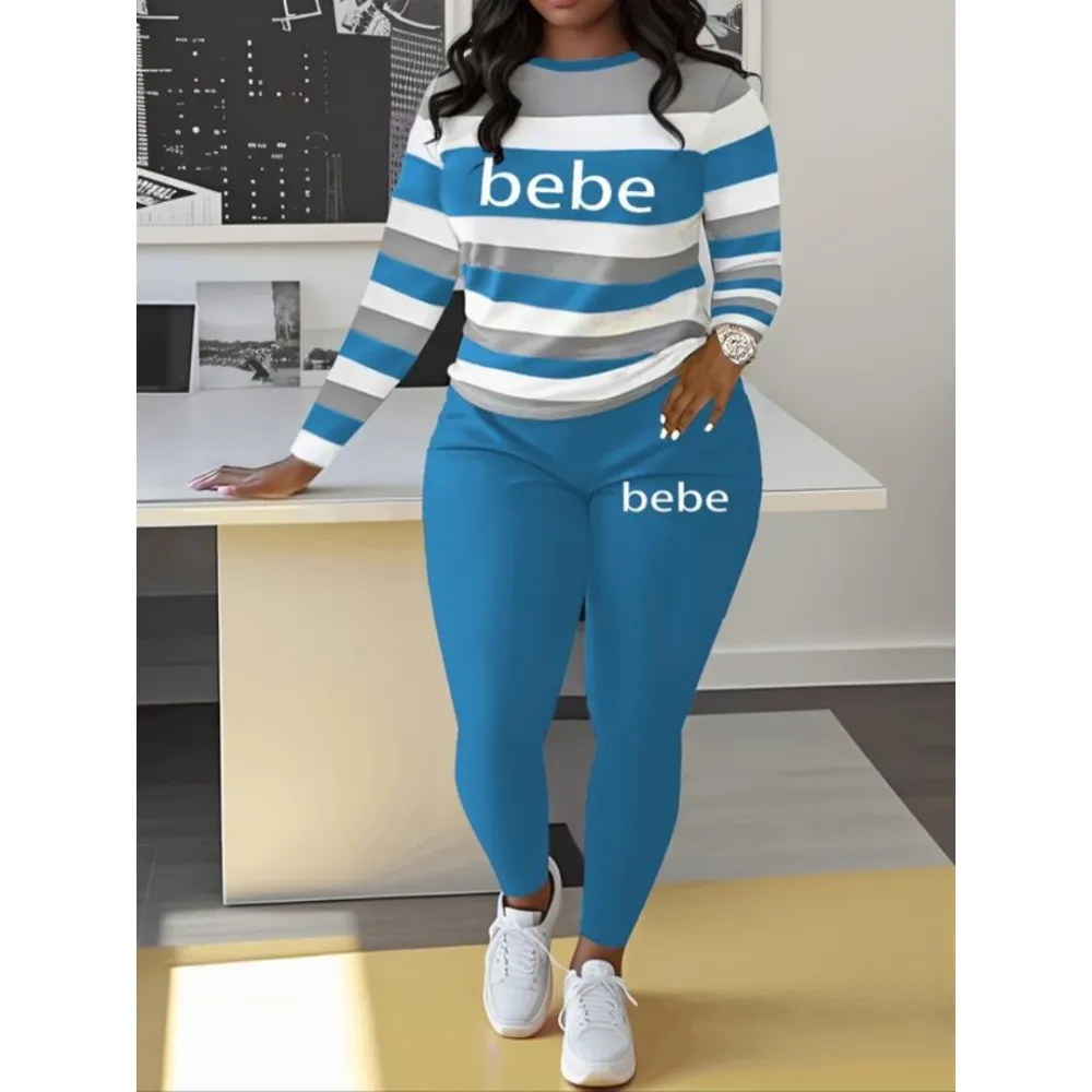Women's Striped Bebe Letter Print Set