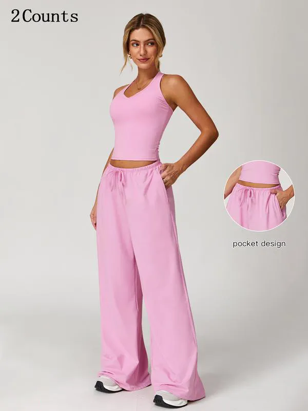 Women's Solid Crop Tank Top & Wide Leg Pants Set, Casual V Neck Sleeveless Top & Trousers