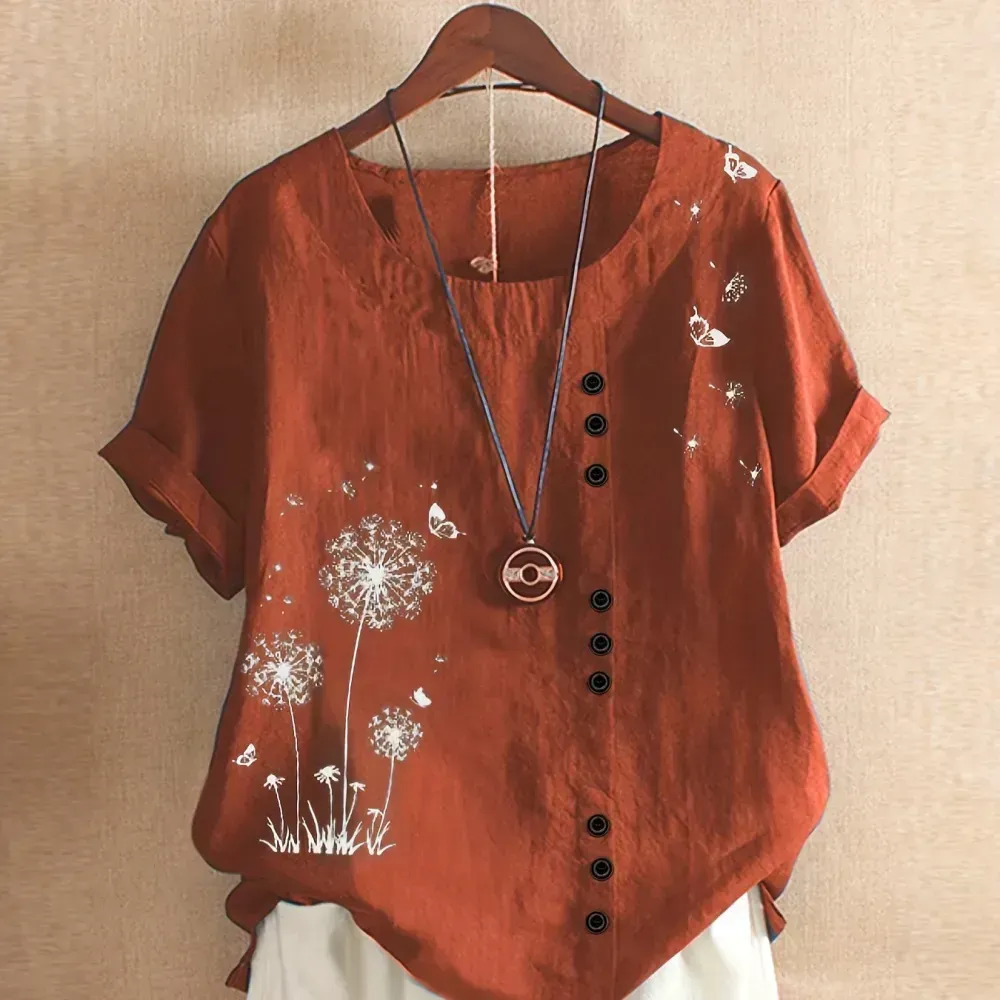 Women's Plus Dandelion Print Tee, Short Sleeve, Casual, Round Neck, Plus Size