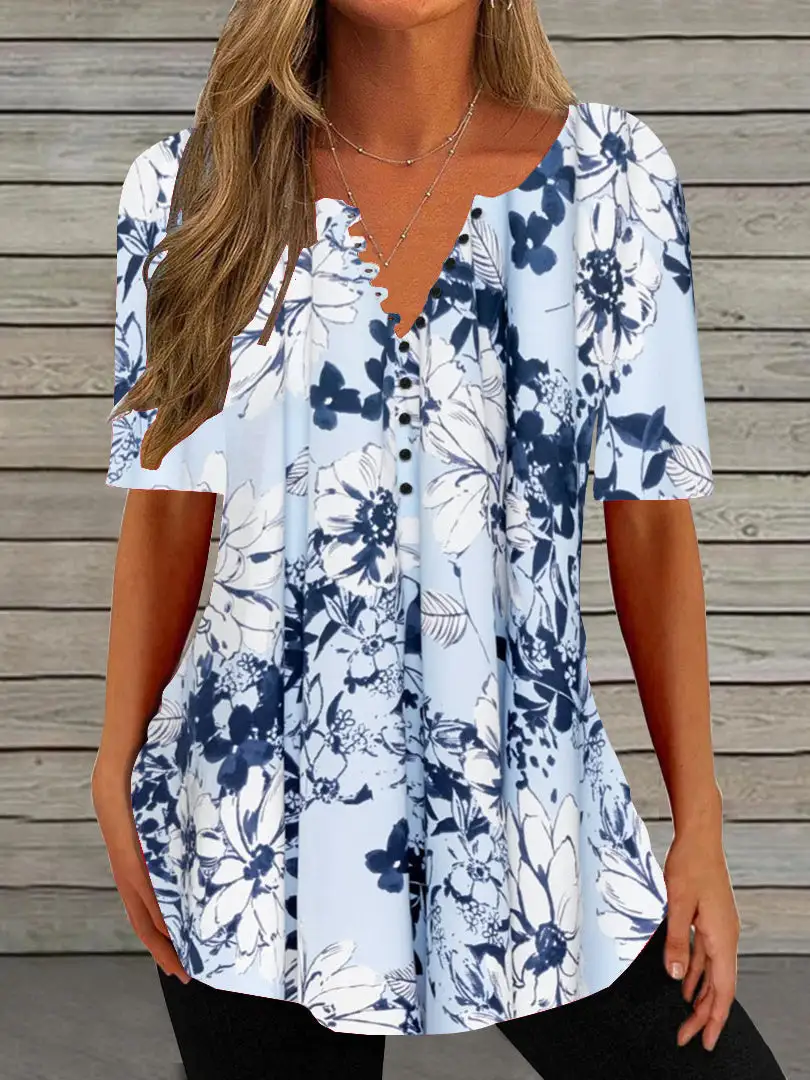 Women Half Sleeve V-neck Floral Printed Tops