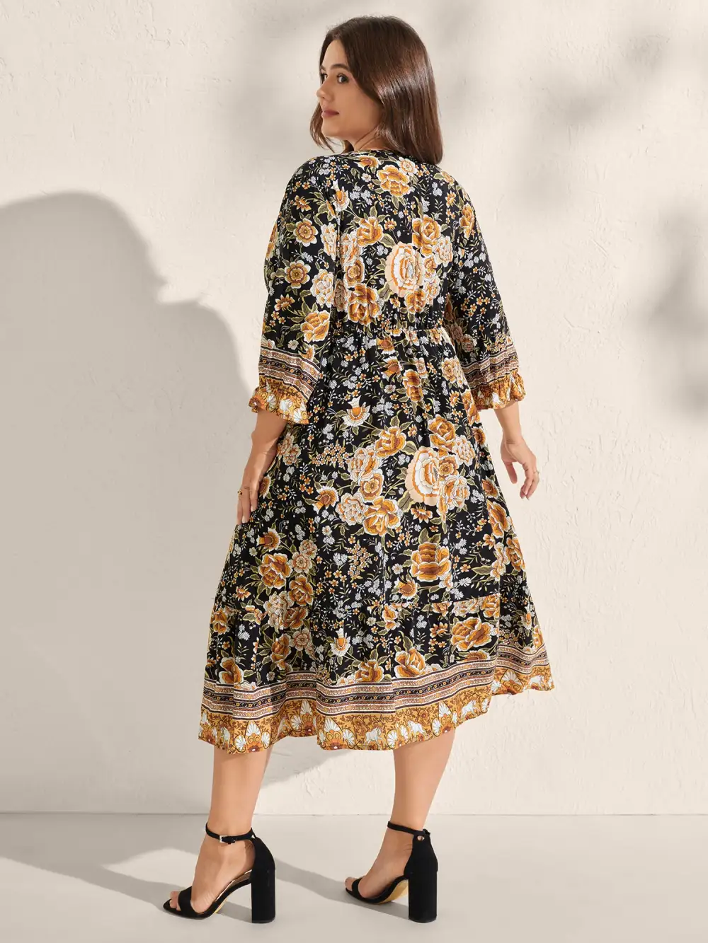 Floral Print Waist-Cinched Contrast Midi Dress