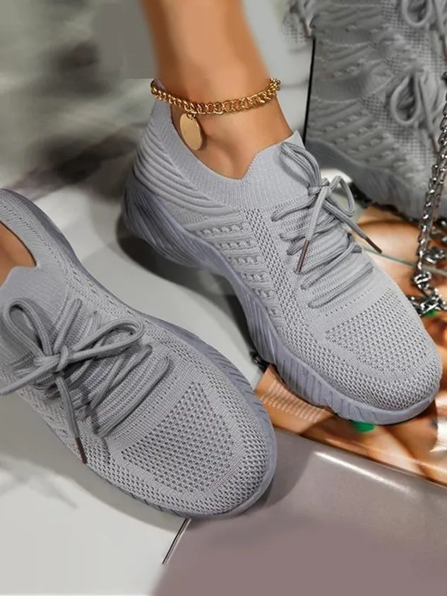 Mesh Platform Solid Color Lace-Up Flyknit Lightweight Soft Sole Slip-On Sneakers（⚡Clearance Sale）