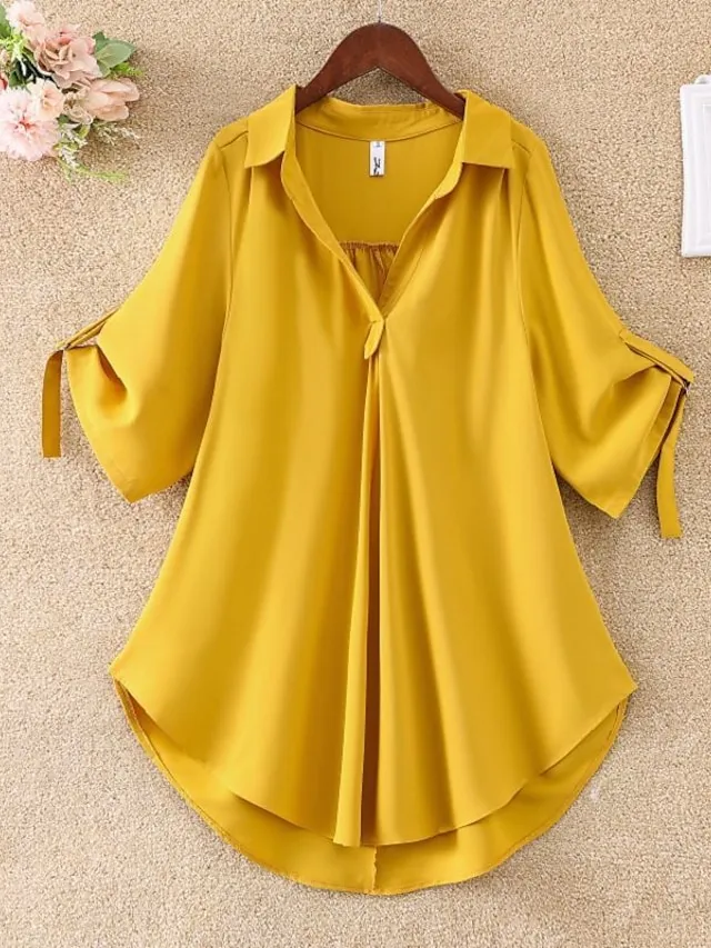 Women's Shirt Blouse Solid Color Black White Yellow Half Sleeve Work Daily Weekend Streetwear Casual Shirt Collar Regular Fit Spring Fall