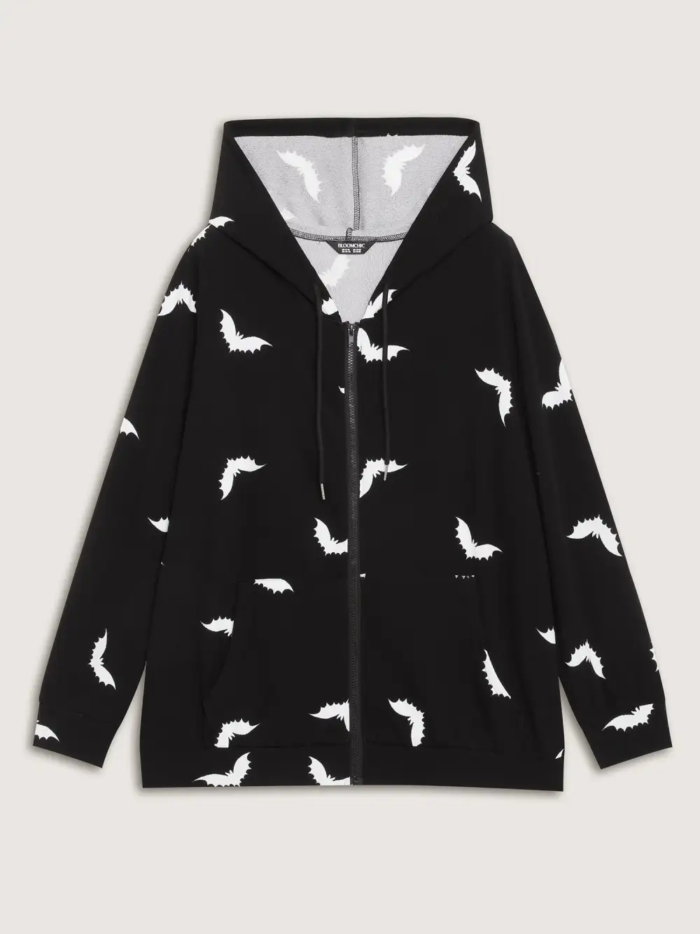 Bat Print Stretchy Textured Zipper Hoodie