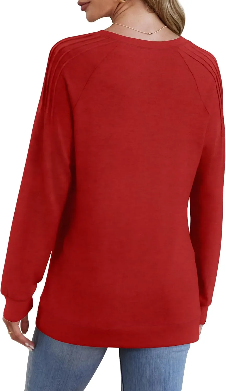 Sweatshirt for Women Crewneck Pleated Long Sleeve Shirts Tunic Tops Fashion 2024