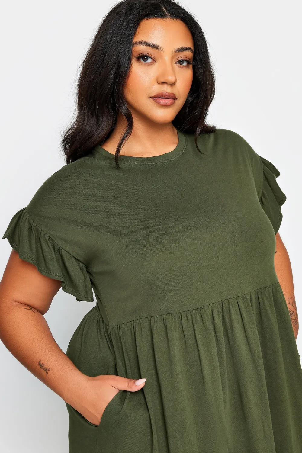 YOURS Curve Black Pure Cotton Frill Sleeve Midaxi Dress
