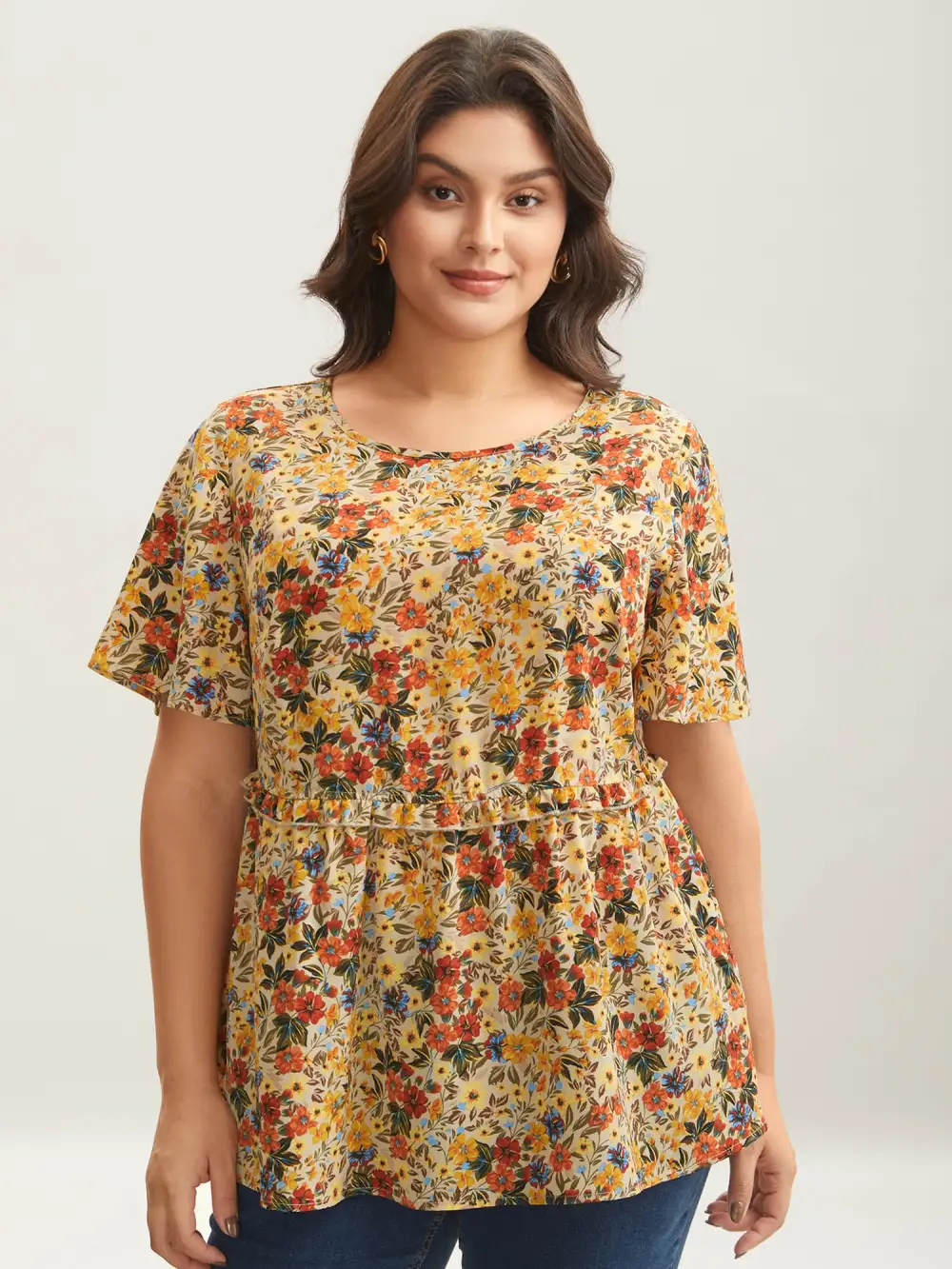Floral Ruffled Round Neck Shirt