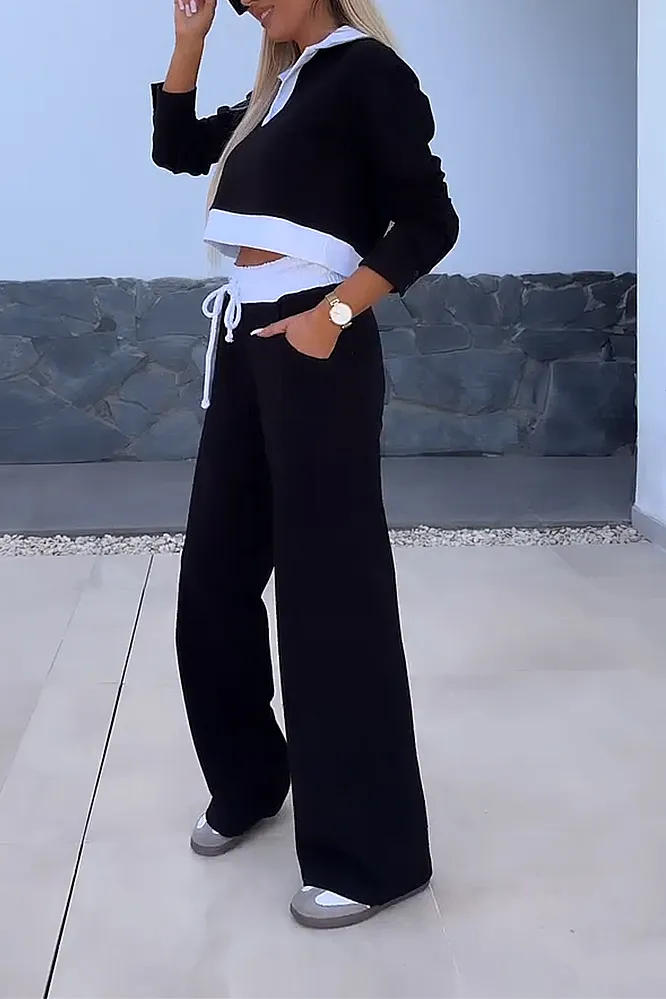 Women's contrasting splicing V-neck and pants two-piece set
