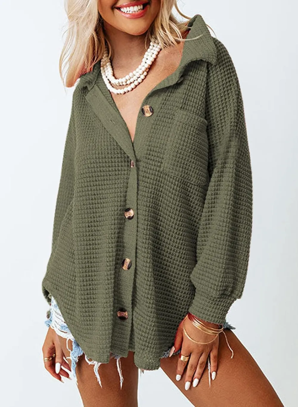 Womens Waffle Knit Button Down Shirts Casual Long Sleeve Shacket Jacket Boyfriend Tops Blouses Loose Fit