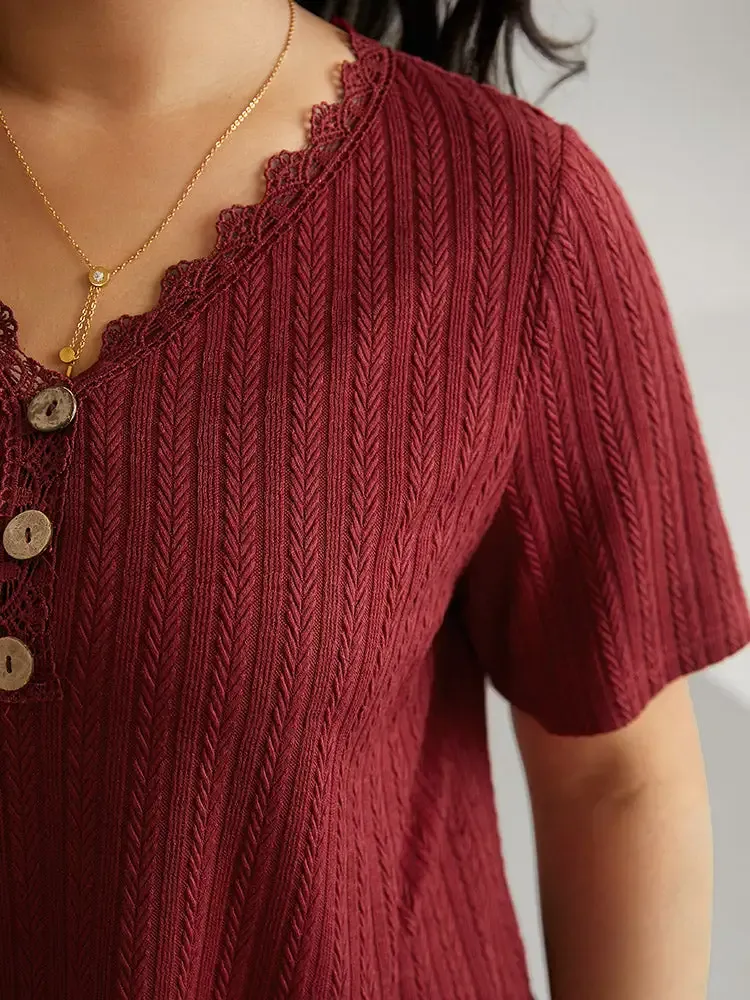 Lace Trim Plisse Button Detail T-Shirt