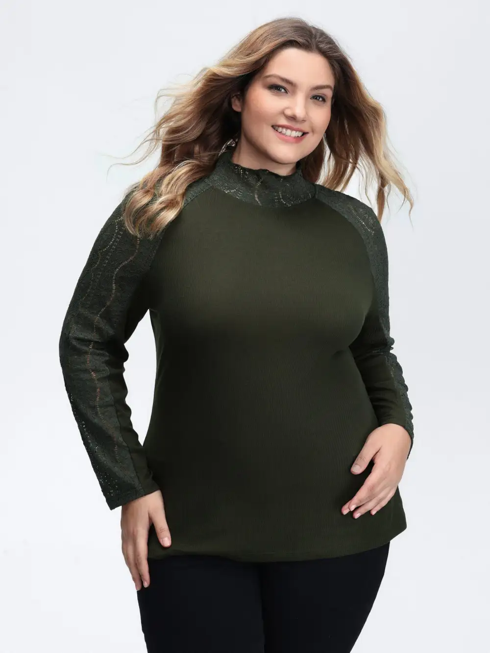 Mock Neck Lace Splicing Ribbed Texture T-Shirt