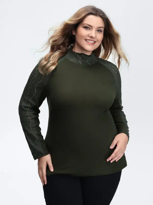 Mock Neck Lace Splicing Ribbed Texture T-Shirt