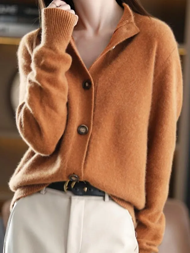 Women's Cardigan Sweater Stand Collar Knit Button Knitted Fall Winter Outdoor Home Daily Stylish Basic Casual Long Sleeve Pure Color Camel Brown