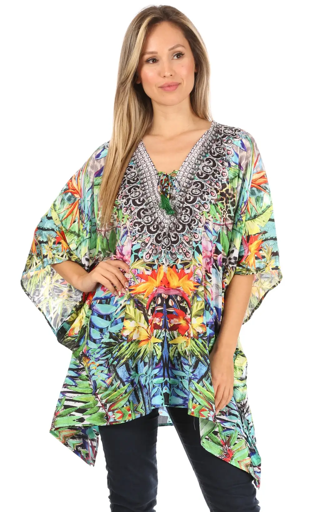 Women's Caftan Poncho Cover up V neck Top Lace up With Rhinestone