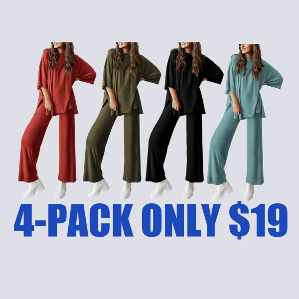 Women's 2-Piece Lounge Set – Short Sleeve Top & Split Hem Wide Leg Pants