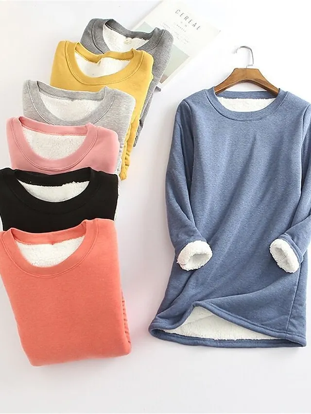 Women's Fleece Lounge Top Pure Color Warm Fashion Casual Home Street Daily Cotton Warm Crew Neck Long Sleeve Pullover Winter Denim Blue Melon red