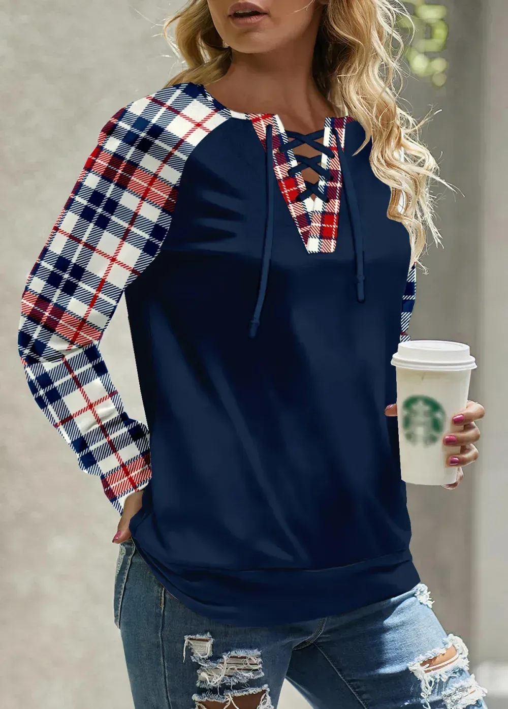 Navy Patchwork Plaid Long Sleeve Round Neck Sweatshirt