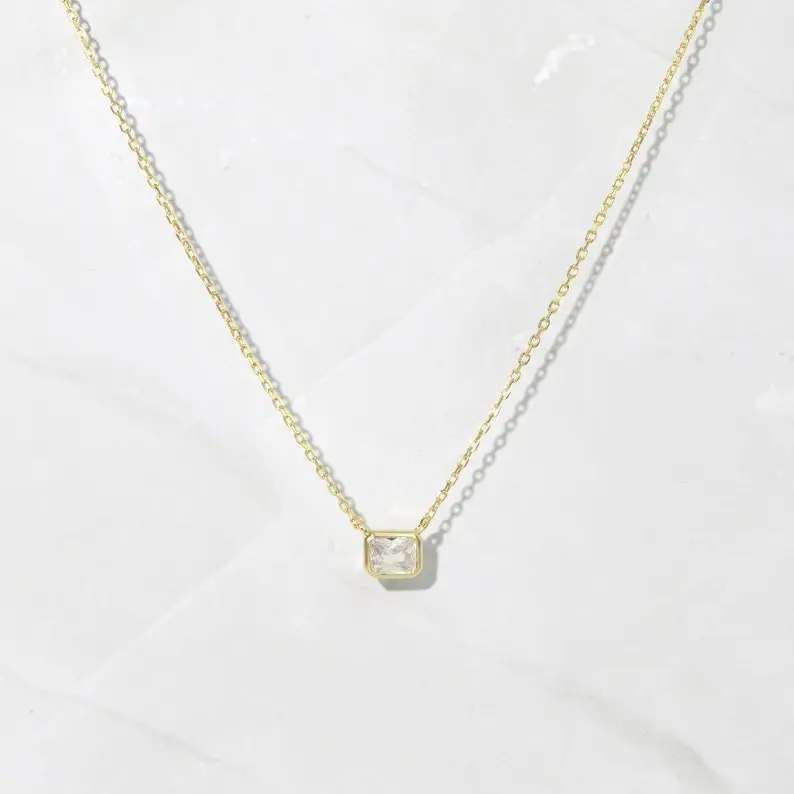 Bezel Cubic Zirconia Necklace, Baguette Necklace, Rectangle Necklace, Pendant Necklace, Minimalist Necklace, Dainty Necklace, Gift for Her,