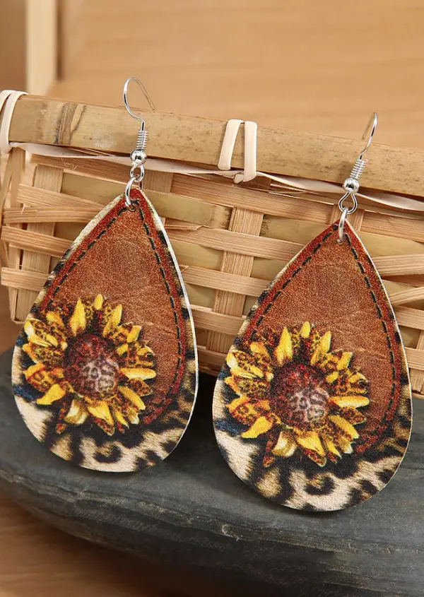 Sunflower Leopard  PU Leather Water Drop Earrings