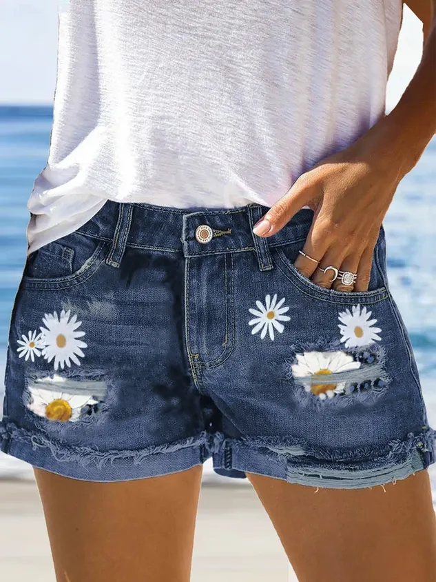 Floral Denim Short  Summer Loosen Denim shorts Bottoms