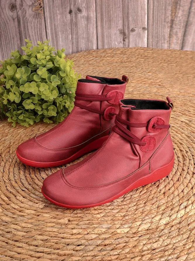 Vintage Women Casual Braided Strap Breathable Lether PU Flat Heel Classic Boots