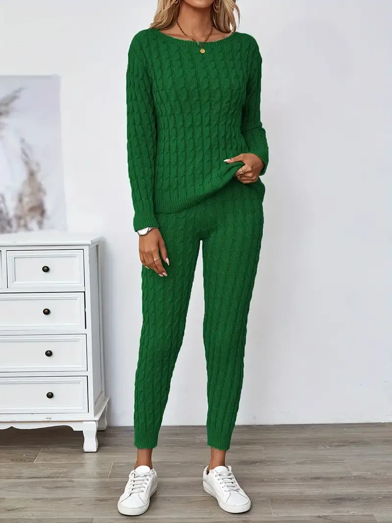Solid Knitted Matching Two-piece Set, Casual Long Sleeve Sweater & Pants Outfits, Women's Clothing