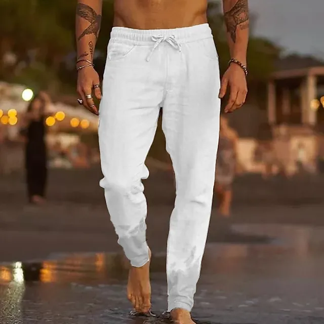 Men's Linen Pants Trousers Summer Pants Beach Pants Pocket Drawstring Elastic Waist Plain Comfort Soft Daily Weekend Linen / Cotton Blend Streetwear Casual Dark Khaki Light Khaki Micro-elastic