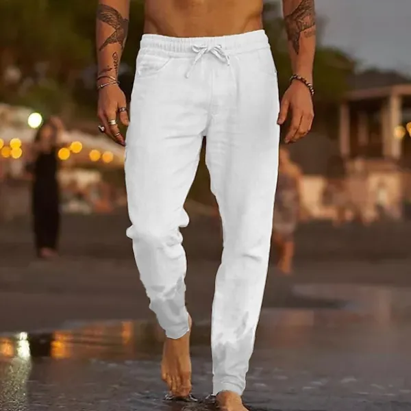 Men's Linen Pants Trousers Summer Pants Beach Pants Pocket Drawstring Elastic Waist Plain Comfort Soft Daily Weekend Linen / Cotton Blend Streetwear Casual Dark Khaki Light Khaki Micro-elastic