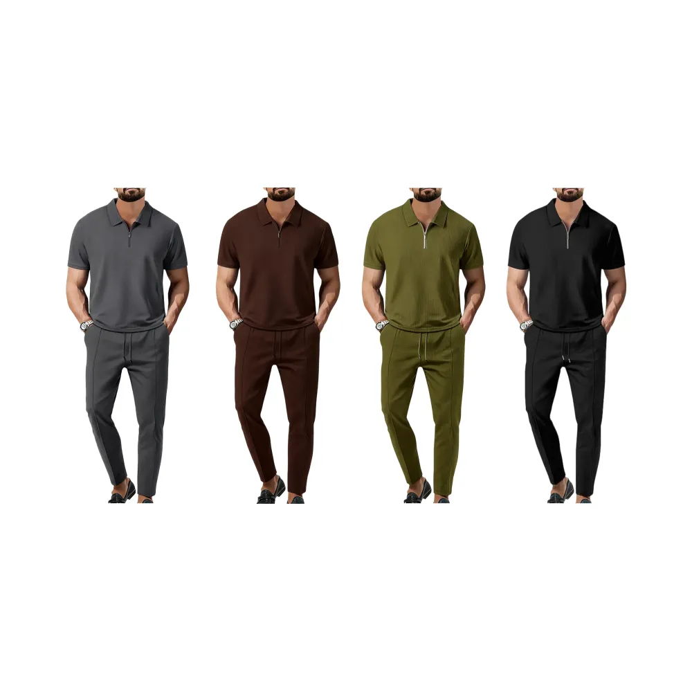 Men's Solid Textured Long Sleeve Polo Shirt & Drawstring Waist Pants Set