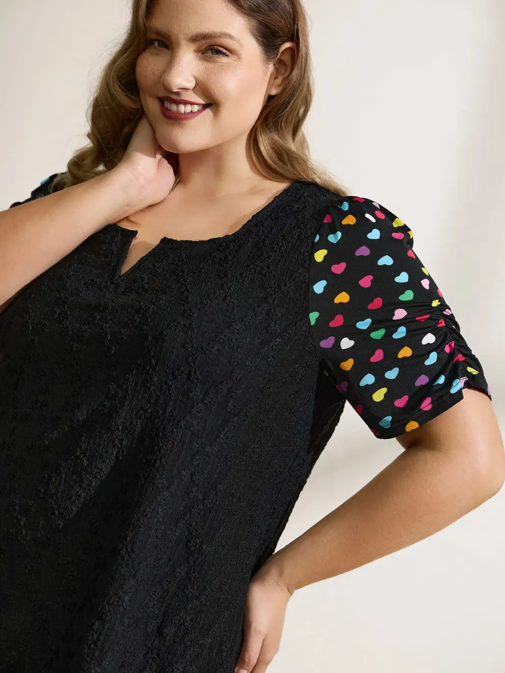 Colorful Hearts Textured Split Neck Knit Top