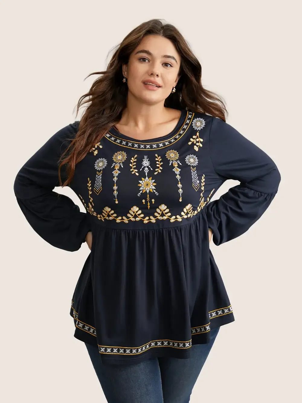 Bandana Embroidered Round Neck Lantern Sleeve T-Shirt