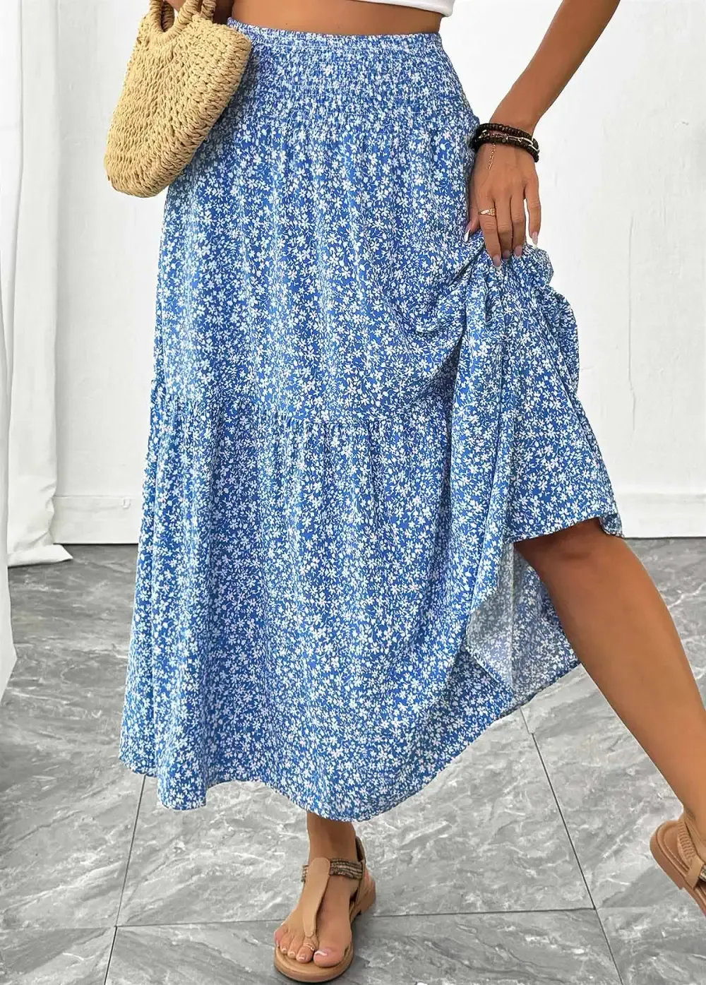 Blue Ditsy Floral Print A Line Elastic Waist Skirt