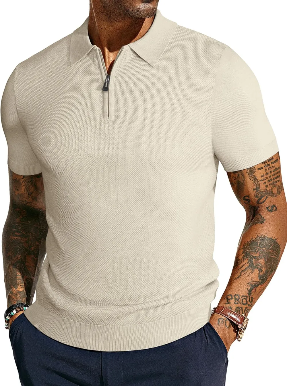 Men's Zipper Polo Shirt Textured Casual Knit Short Sleeve Polo T Shirt