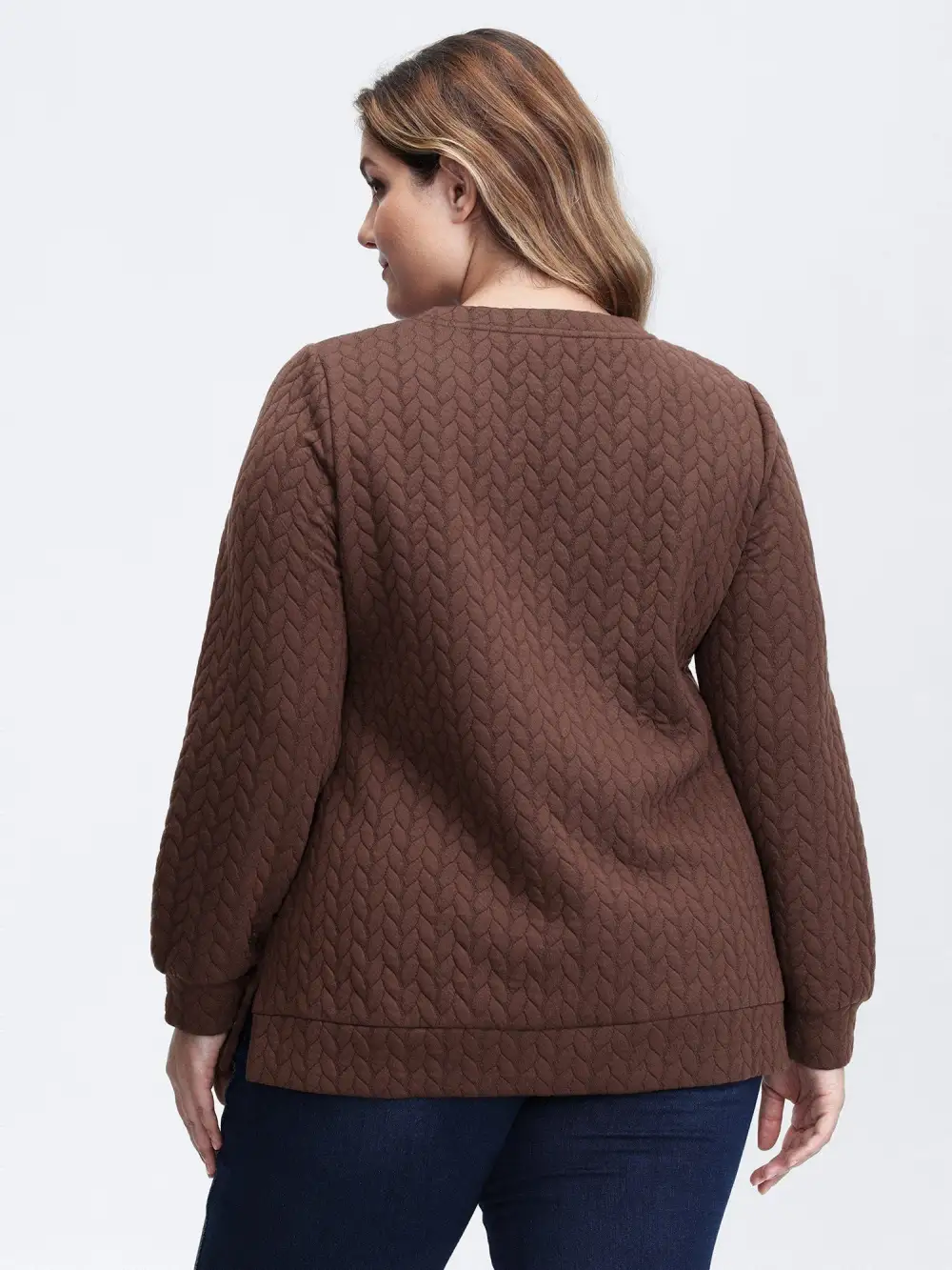 Textured Side Slit Round Neck Sweatshirt