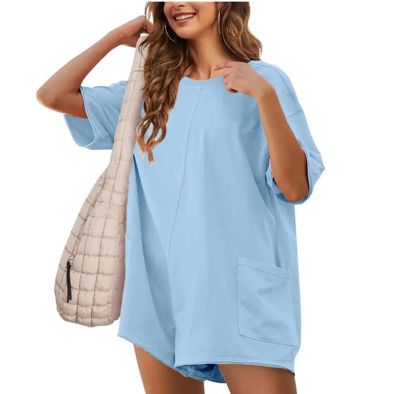 Womens Oversized Rompers Back V Neck Jumpsuits Casual Athletic Workout Tee Onesie Activewear