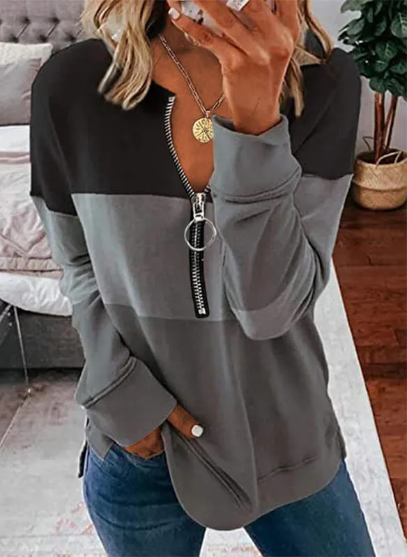 Color Block V-Neck Long Sleeves Sweatshirt