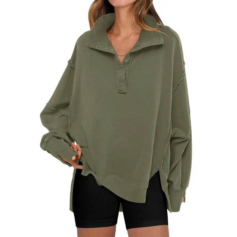Women's Sweatshirts Oversized Casual Loose Button Up Henley Pullover Top High Low Split Fall Fashion Outfits