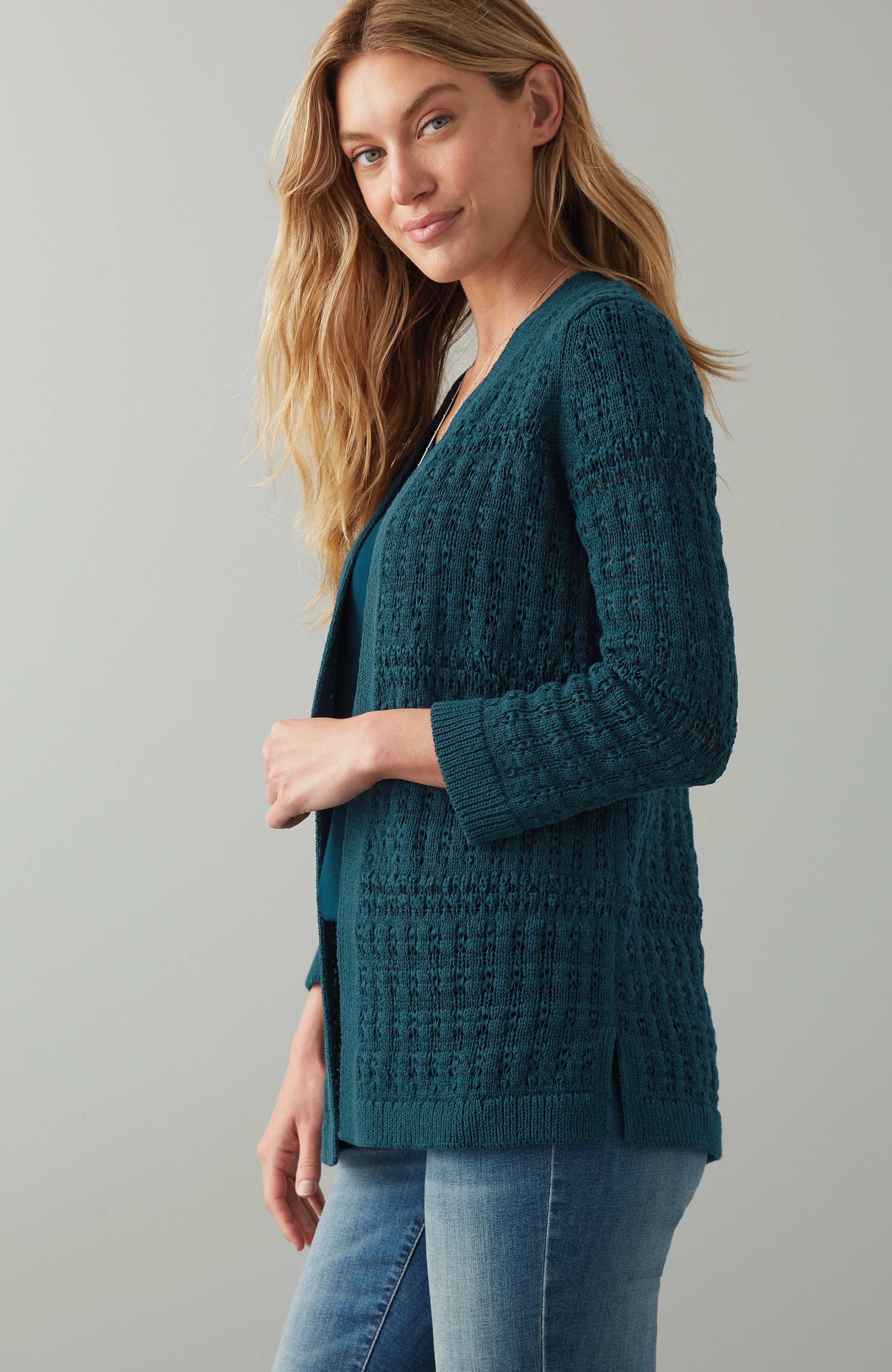 Textured-Stitch Open-Front Cardi