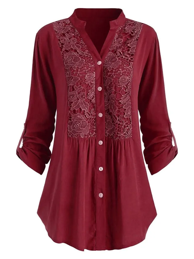 Women's Shirt Tunic Shirts Black White Wine Solid Color Floral Florals Lace Lace Trims Long Sleeve Daily Weekend Streetwear Casual Shirt Collar Regular Fit Spring Fall Winter