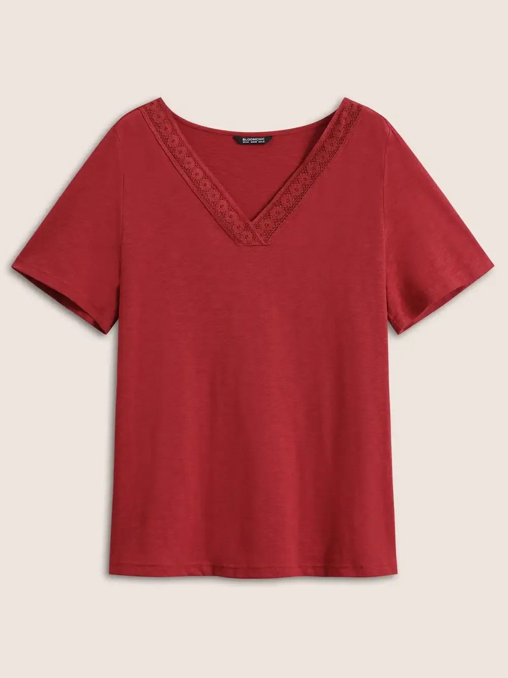 Plain V Neck Lace Panel T-Shirt
