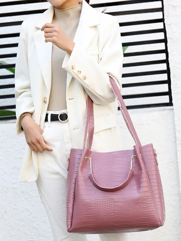 4pcs/set Large Capacity Crocodile Embossed Handbag Commuting Tote Bag with Crossbody Strap