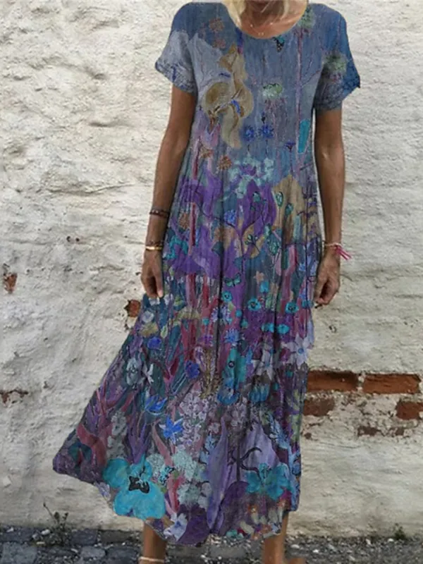 Women's Casual Dress Shift Dress Long Dress Maxi Dress Wine Blue Green Short Sleeve Floral Print Summer Spring