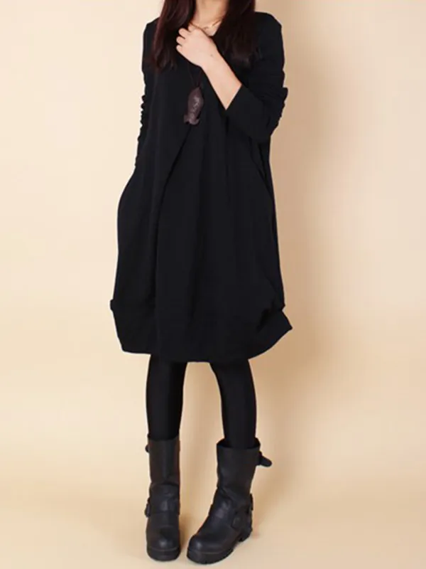 Original Loose Pleated 4 Colors Round-Neck Long Sleeves Short Dress