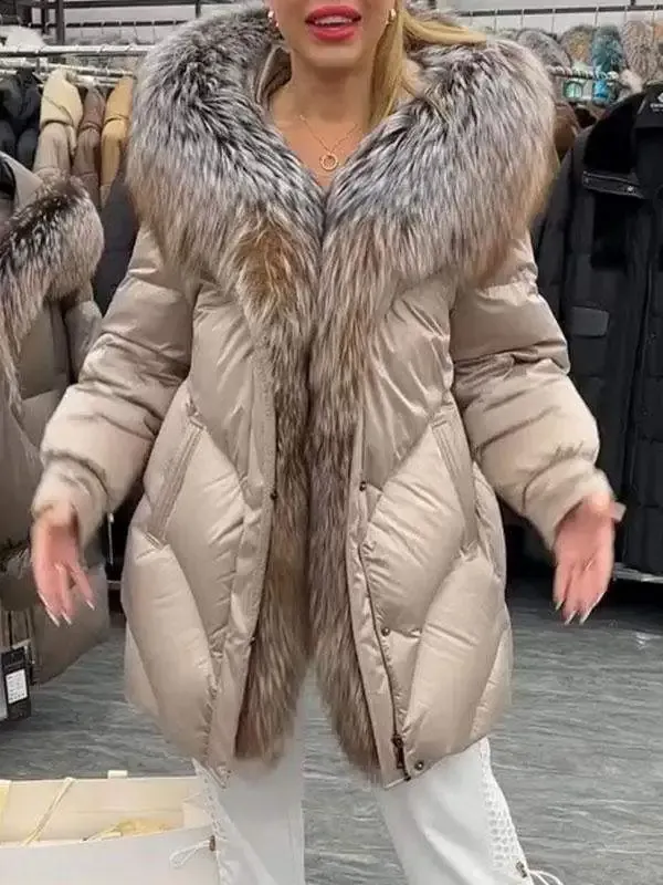 Mid - length Down Jacket with a Fur - trimmed Hood