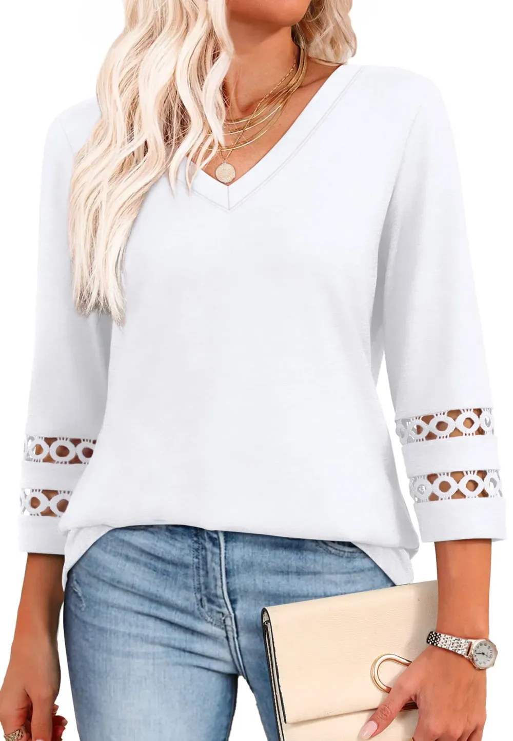 ✨Womens 3/4 Length Sleeve Tops Trendy V Neck T Shirts