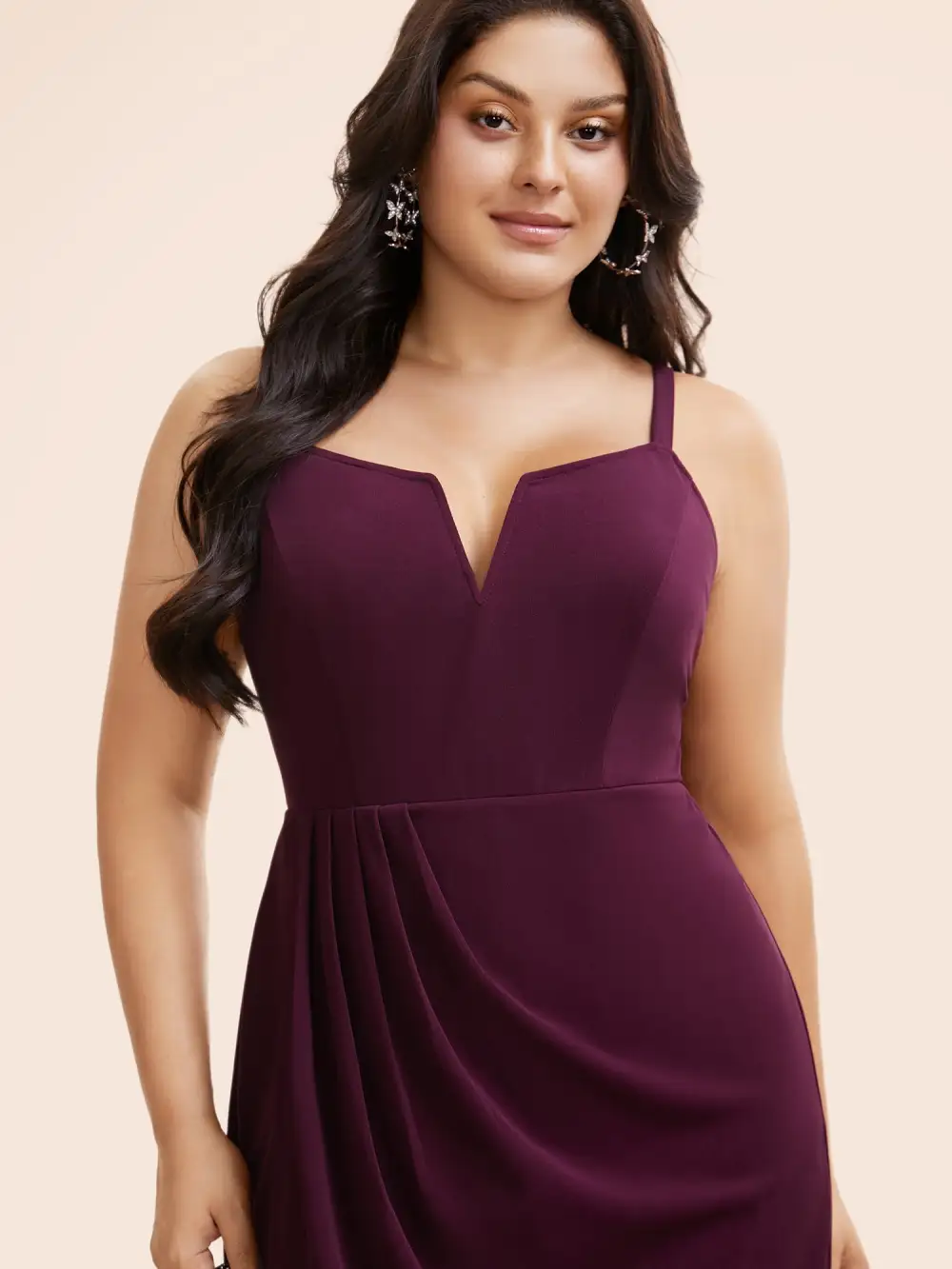 Plain Notched Pleated Detail Spaghetti Strap Wrap Hem Dress