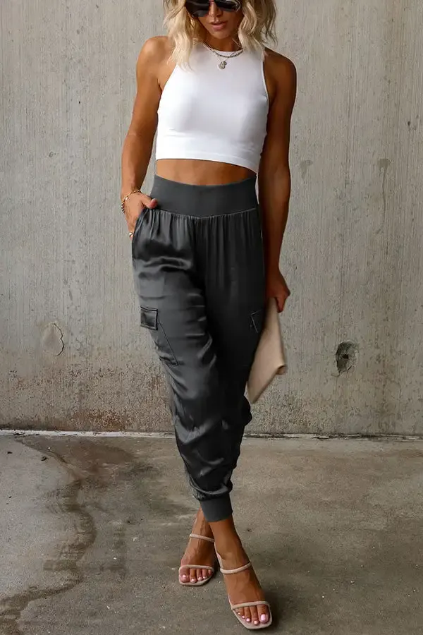 Women's Satin High Waist Pocketed Joggers