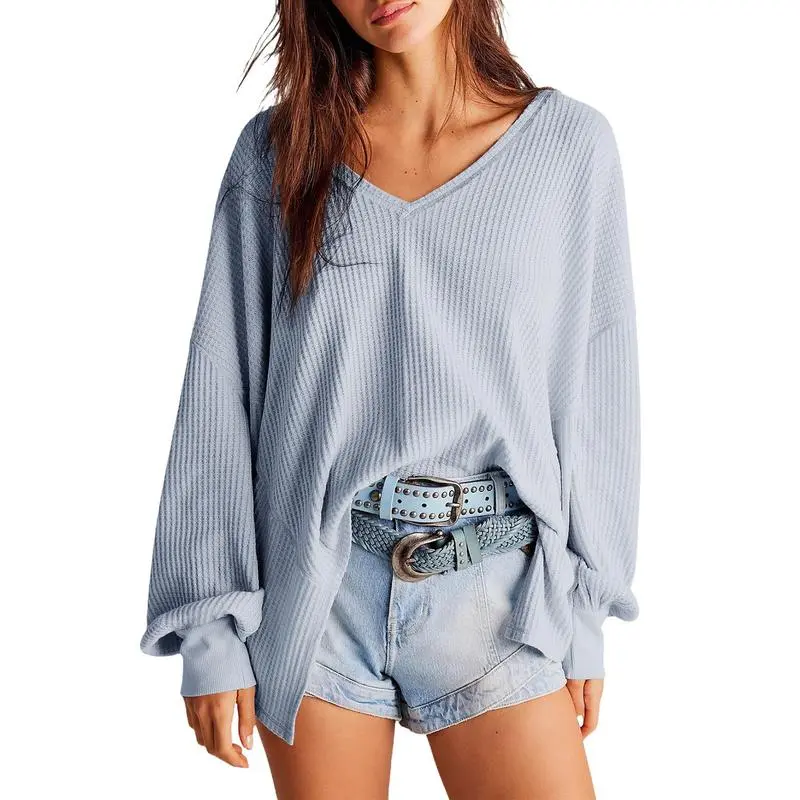 Women's Waffle Knit Top – V-Neck Oversized Lantern Sleeve Blouse